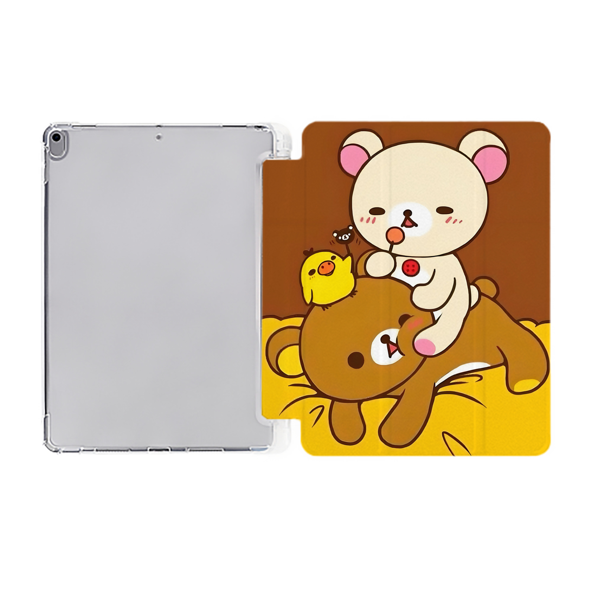 （画像用） リラックマ リラックマ キイロイトリ Rilakkuma Korilakkuma Kiiroitori IPad ケース ペン収納付き 三つ折りスタンド PUレザー×シリコン 対応機種9.5/10.5/10.9インチ